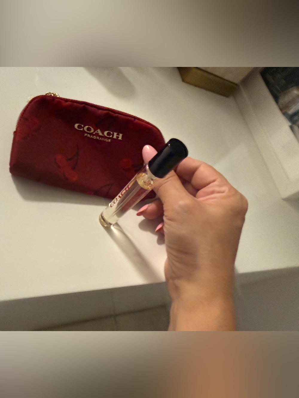 Coach Red Coin cherry small Makeup Pouch with coach cherry travel size Perfume - Picture 2 of 9